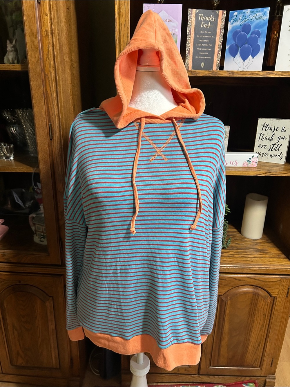 Youtalia Oversized Striped Pullover Hoodie with Peach Trim Size XL NWT